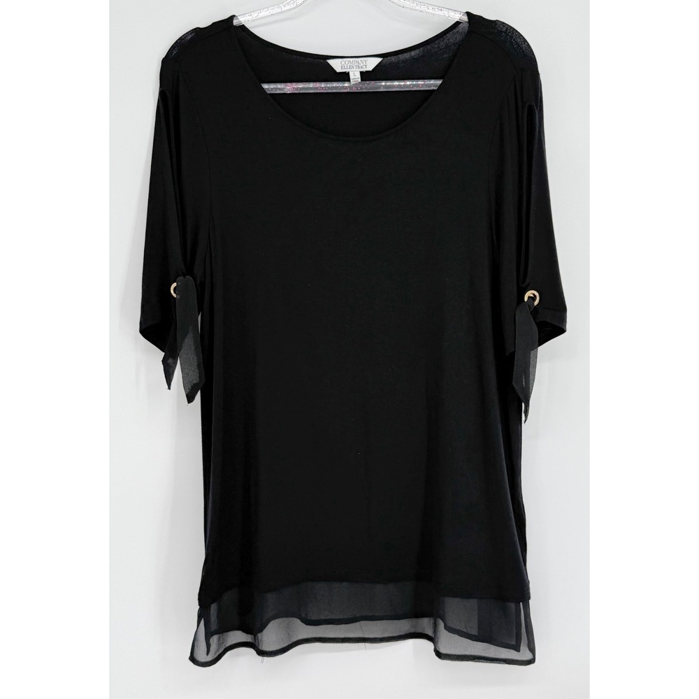 Company Ellen Tracy Black Layered‎ Chiffon Hem Top Slit Tie Sleeve Sz L